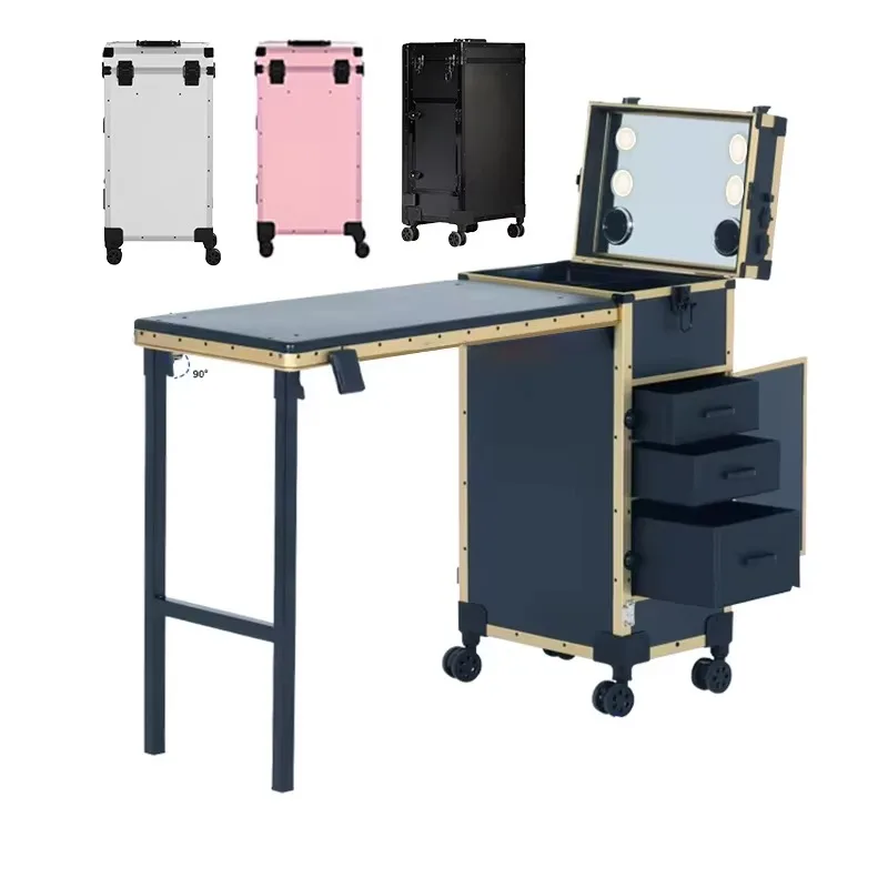 New Trending Nail Salon Equipment Rolling Trolley Case Furniture Set Girls Dressing Table with Mirror Vanity for Makeup