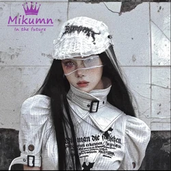 Mikumn Gothic Grunge Letter Print Knitted Cotton Broken Hole Beret Hats Punk Girls Chic Streetwear Painter Caps