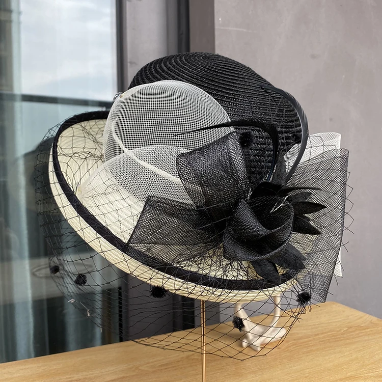 New Summer Straw Hat For Women Elegant Charming Flower Party Church Britain Retro Curl Brim Sunbonnet Outdoor Sunshade Beach Cap