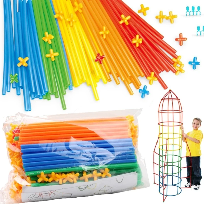 

4D DIY Plastic Straw Building Blocks Stitching Inserted Construction Creative Assembled Blocks Educational Toys for Children