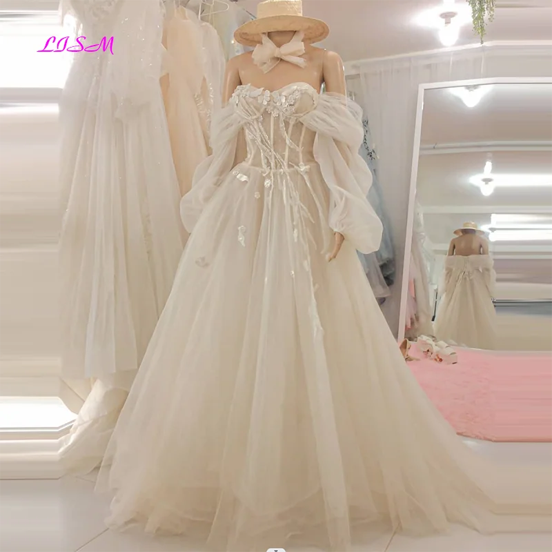 Ivory Off-Shoulder Long Sleeve 3d Flower Puffy Prom Dress Romantic A-Line Lace-up Back Tulle Chic Wedding Party Gowns with Train