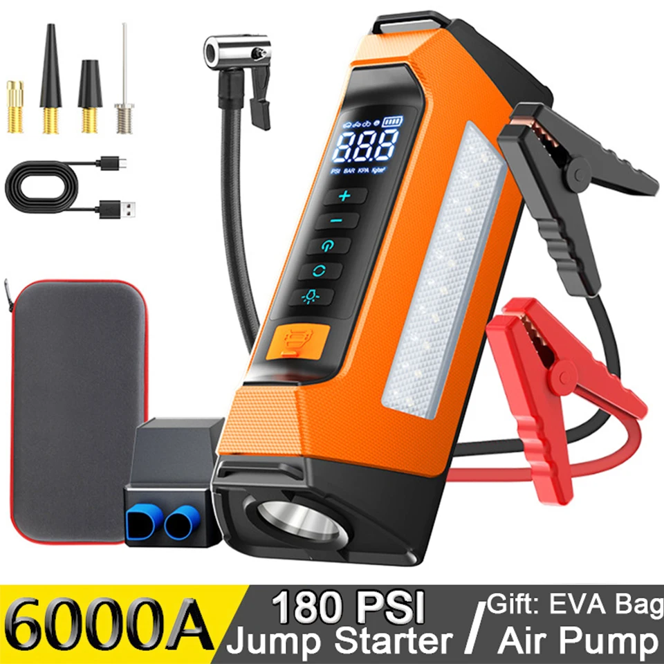 6000A 180PSI 4 In 1 Car Jumper Emergency Charger Battery Power Bank 12v Capacitor Booster Pump Jump Starter With Air Compressor