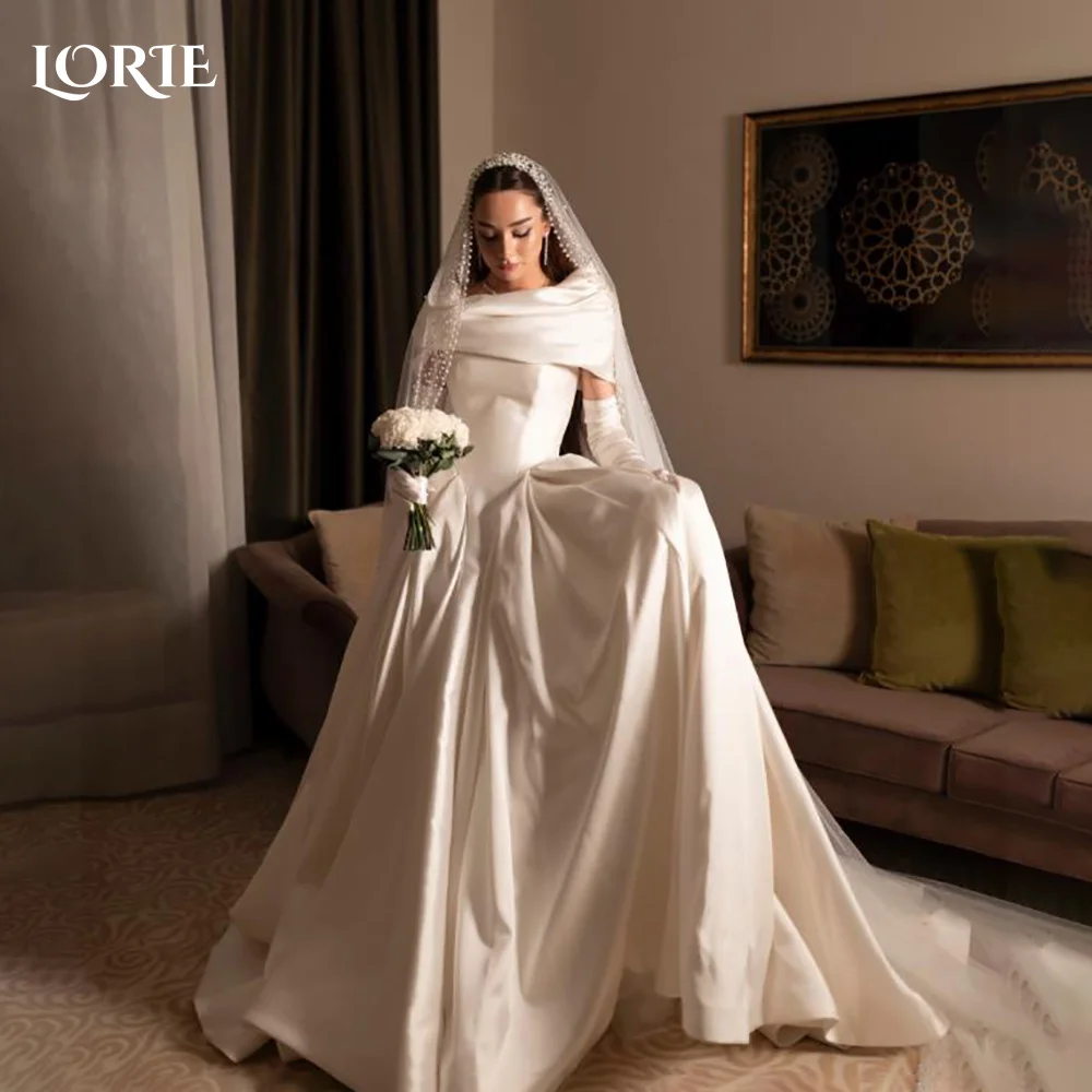 LORIE Shiny Satin Modern Wedding Dress Off Shoulder Long Sleeve Plus Size A-Line Princess Bride Gown Customized Party Dresses