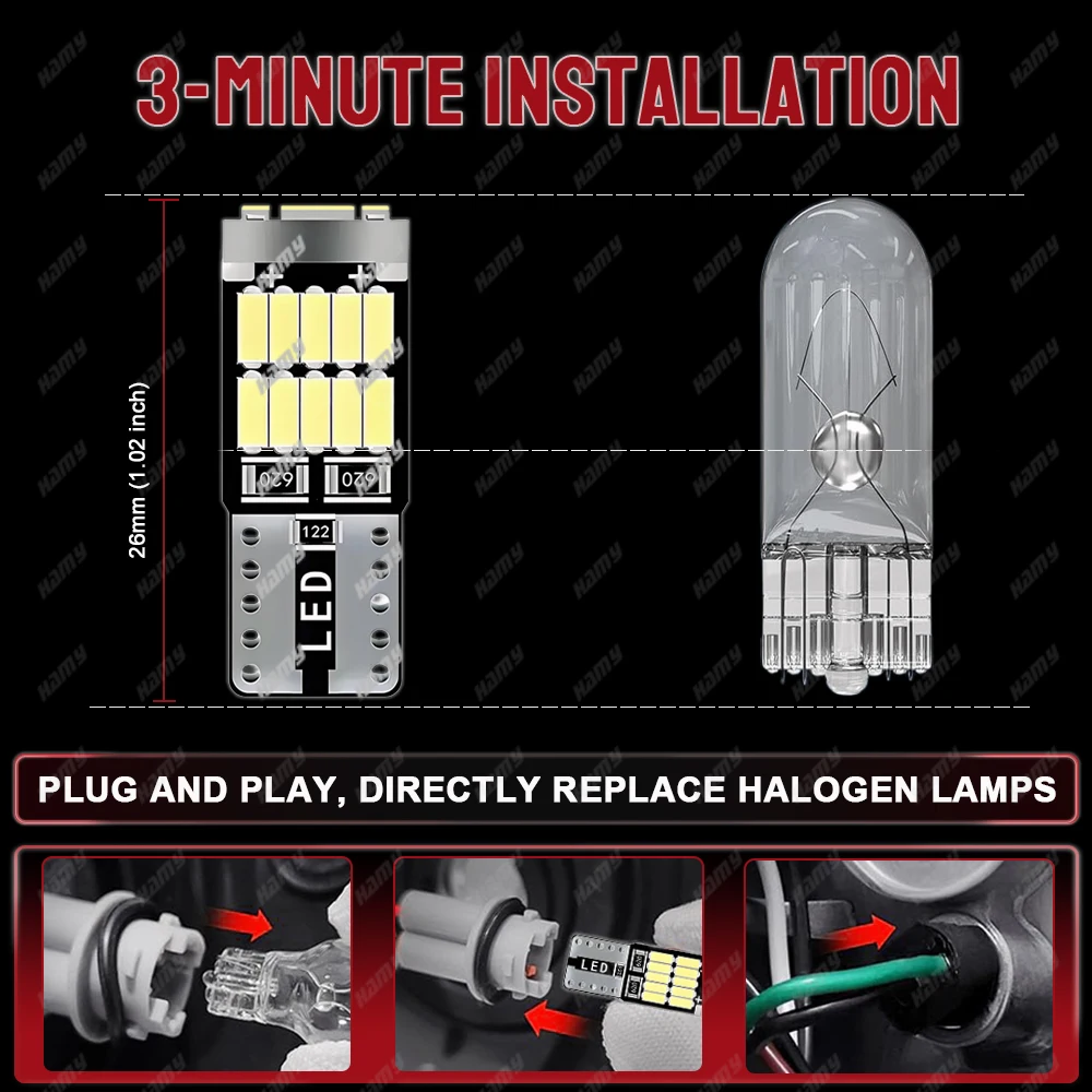 10-50 PCS T10 W5W 194 LED Bulb Canbus 12V 4014-26SMD 6500K Bright White  Car Interior Dome Door Map Turnk License Plate Lights