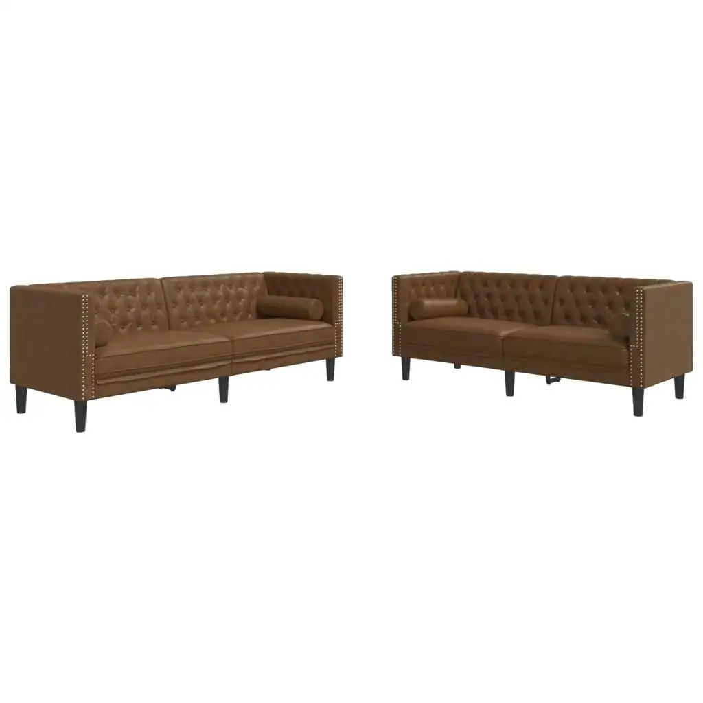 Chesterfield Sofa Set - 2 Piece Brown Faux Suede Leather with Bolsters