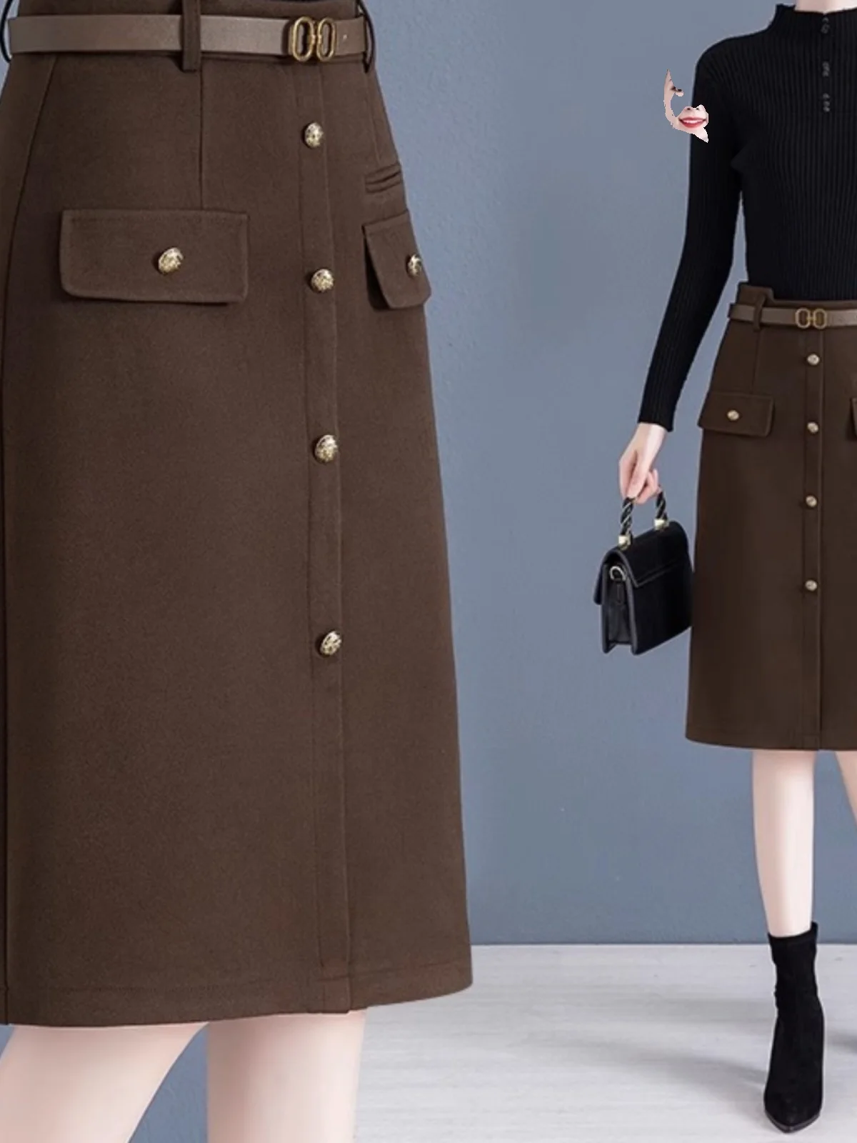 High Waist A-Line  Skirt for Women Spring Autumn 2025 New Single Button Tweed Split Step Skirt Business Casual Pure Color