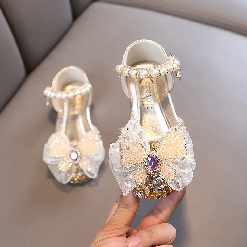 

New Girl Princess Sandals Spring Summer Children Sequins Bow Leather Sandals Fashion Baby Kids Pearl Flat Non-slip Sandals H547