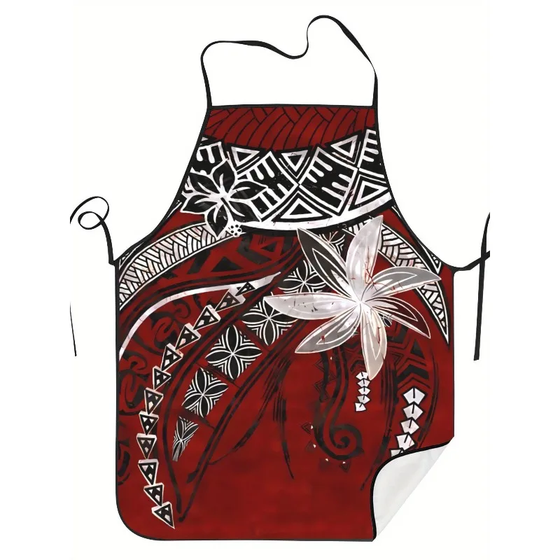 Red Polynesian Tribal Flower Apron - Ethnic Geometric Pattern Linen Look Chef Bib for Men Women Kitchen Cooking Baking Decor