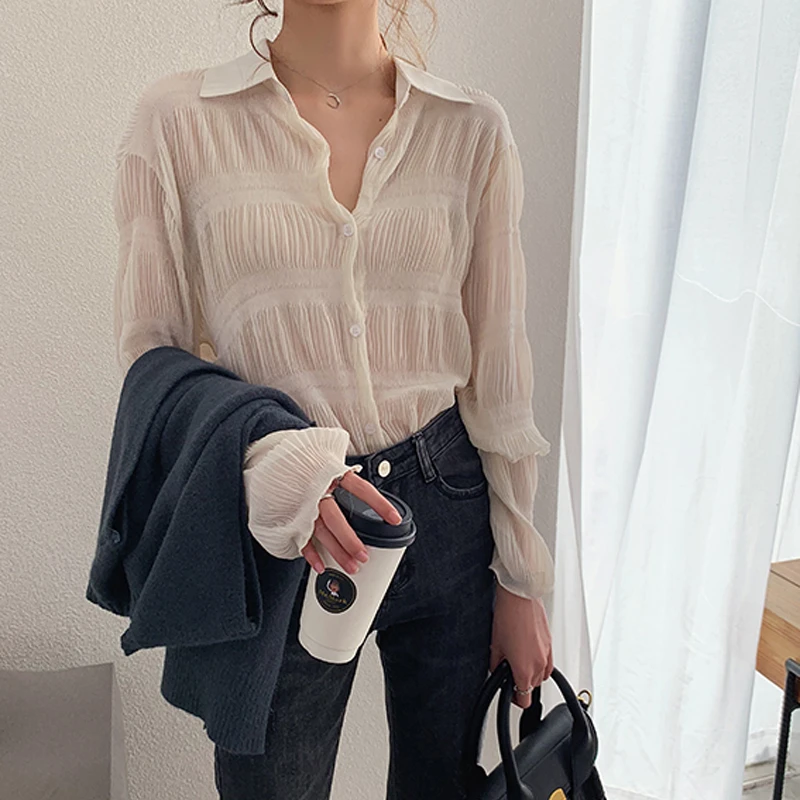 Blusas de gasa para mujer, Blusas informales de manga larga con cuello vuelto, color liso, Vintage, elegante, Primavera, 2023