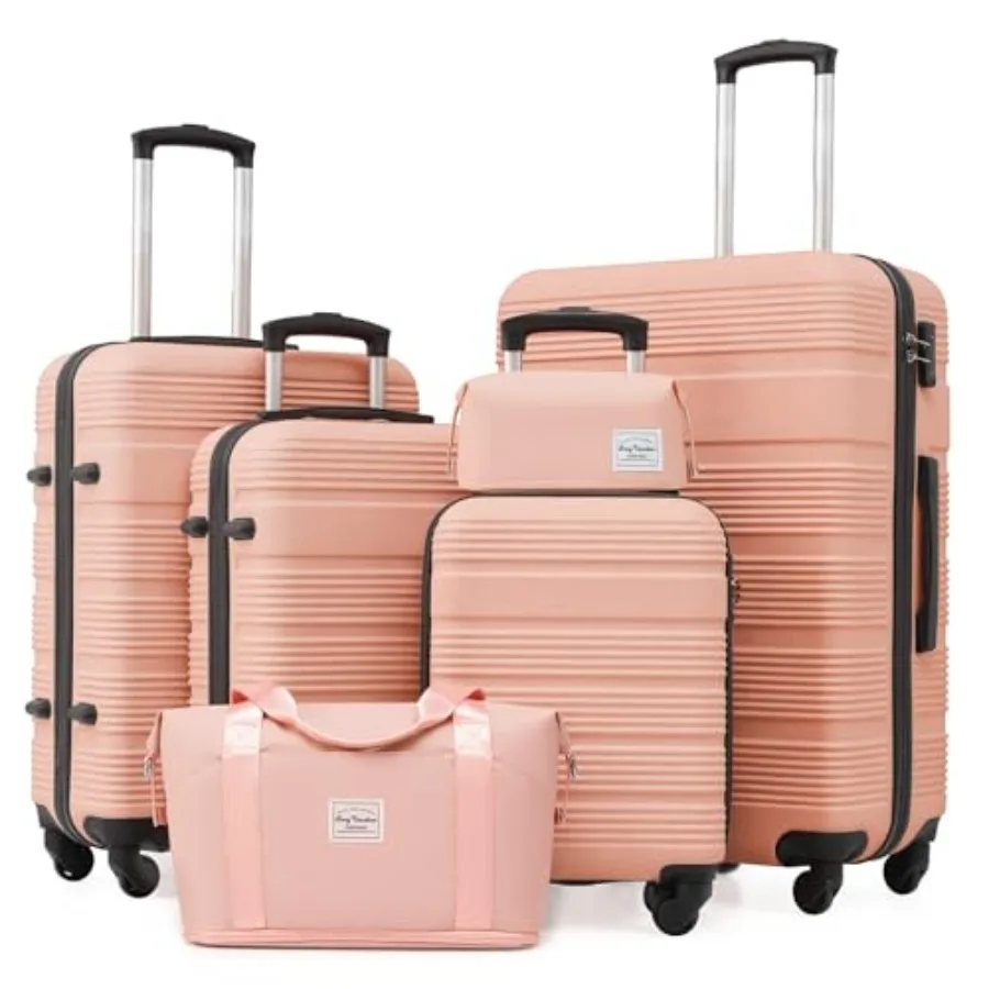 

Pink 6 Piece ABS+PC Hardshell Luggage Set with Spinner Wheels for Long Vacation Lightweight with TSA Lock YKK Zipper