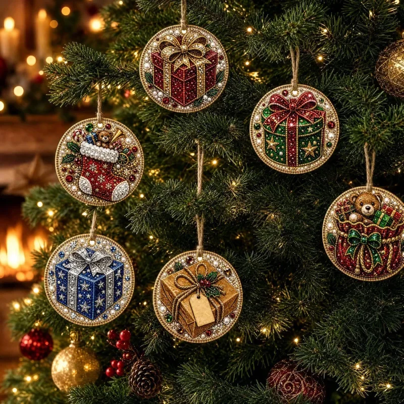 6 Stück Weihnachts-Rundanhänger 5D Diamant-Malerei-Set Ornamente DIY Strass-Anhänger Weihnachtsmann Schneemann Weihnachtsbaum-Anhänger – Detail 3