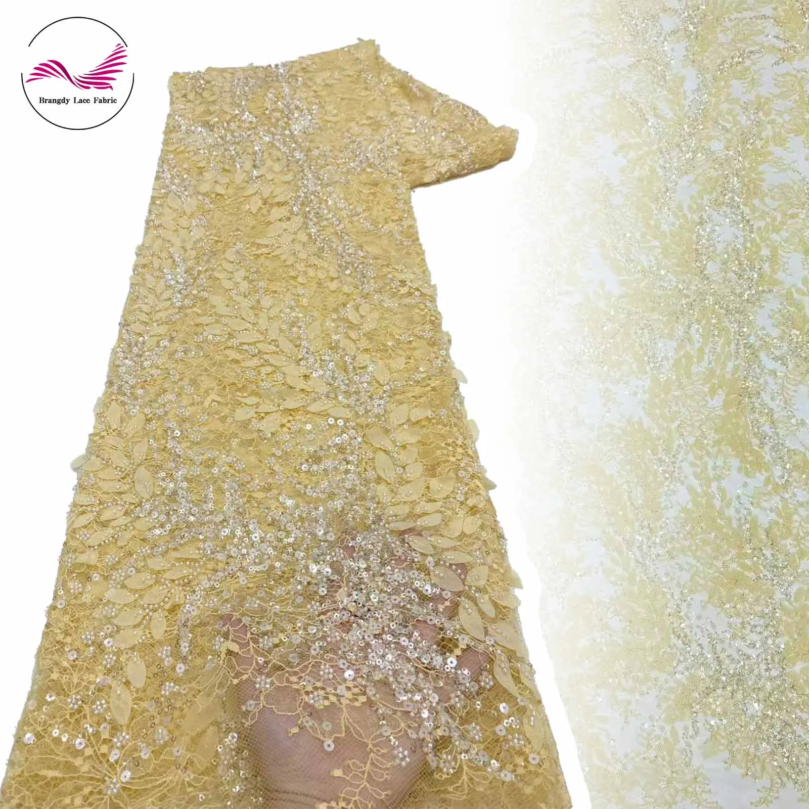 

2025 New Yellow French Sequins Embroidery Tulle Lace Fabric Luxury African Beaded Lace Fabric for Wedding Party Dresses Gowns