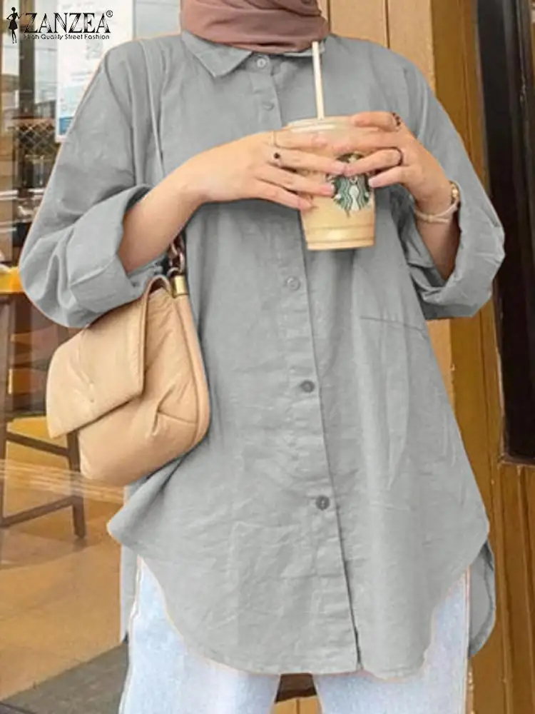 

ZANZEA Female Muslim Blouse Turkey Hijab Tops Fashion Lapel Neck Long Sleeve Shirt Dubai Abaya IsIamic Clothing Women Blouses