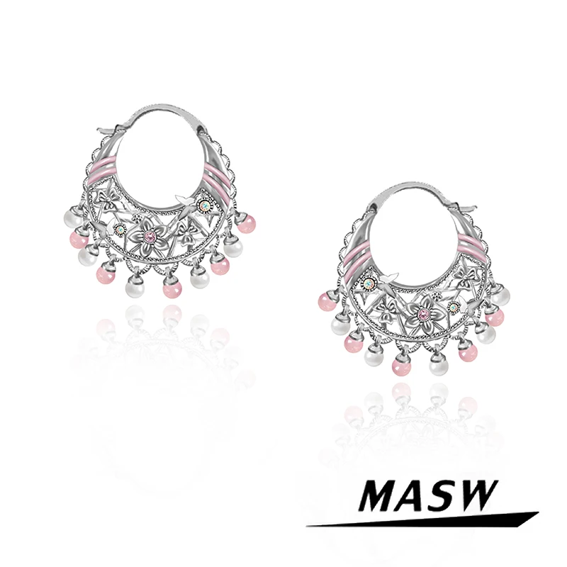 

MASW Original Design Spring Summer Style Hollow Metall Hoop Pink Bead Drop Earrings For Women Girl Gift Fashion Jewelry