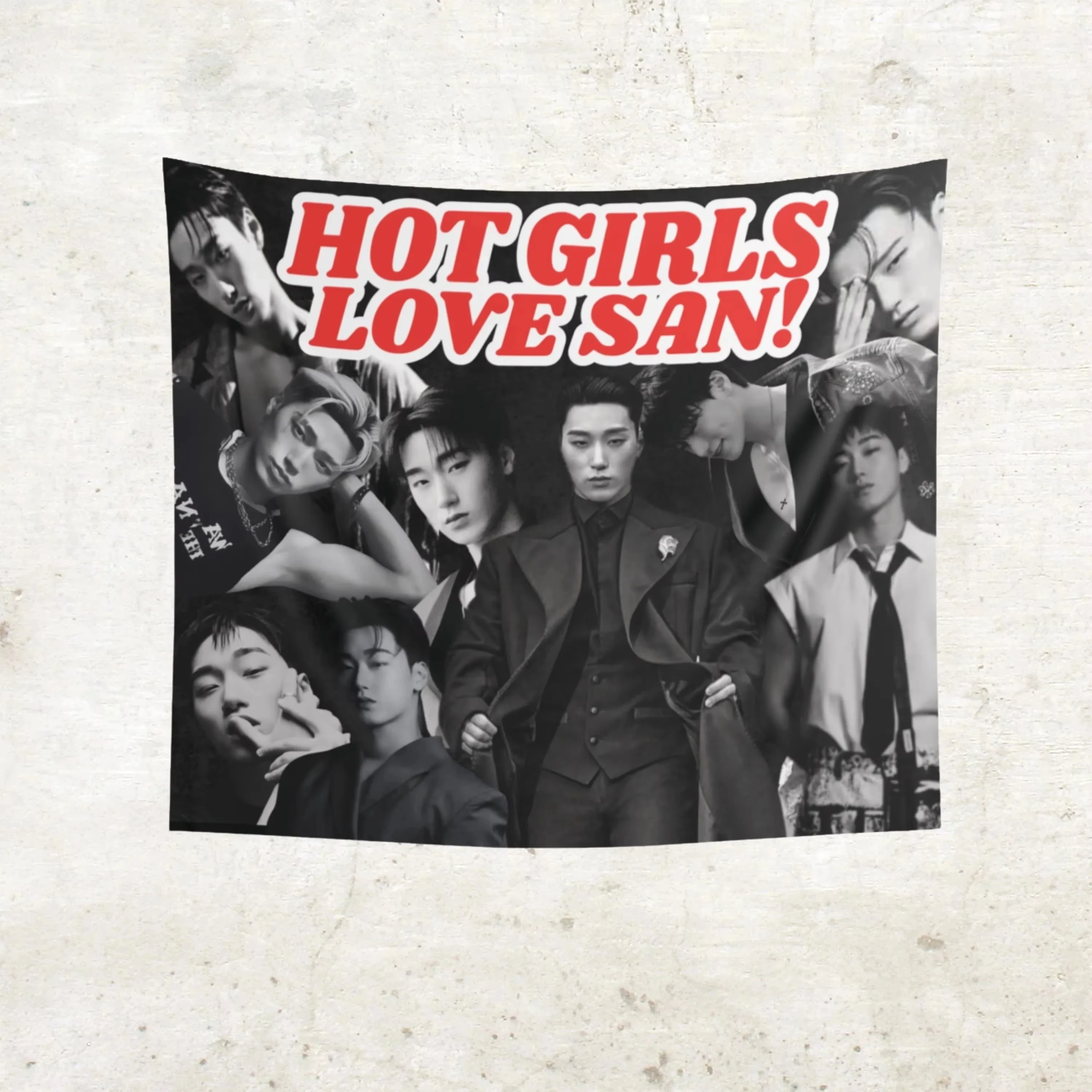 Hot Girls Love San ATEEZ San Tapestry Black White Wall Decor With Orange Lettering Kpop Fan Art Unofficial ATEEZ Colors For Fans