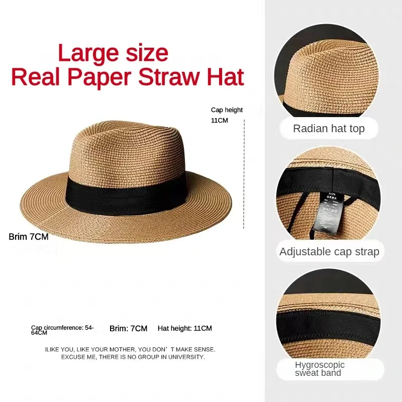 Male Foldable Big Head Straw Hat Panama Summer Outdoors Cowboy Hat Sandy Beach Sun Hats Man Plus Size Fedora Hat 57CM 60CM 64CM