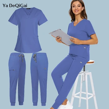 Nova manga curta esfrega superior com calças de bolso uniformes de enfermeira médica médico cirurgia macacão spa outwear salão de beleza workwear