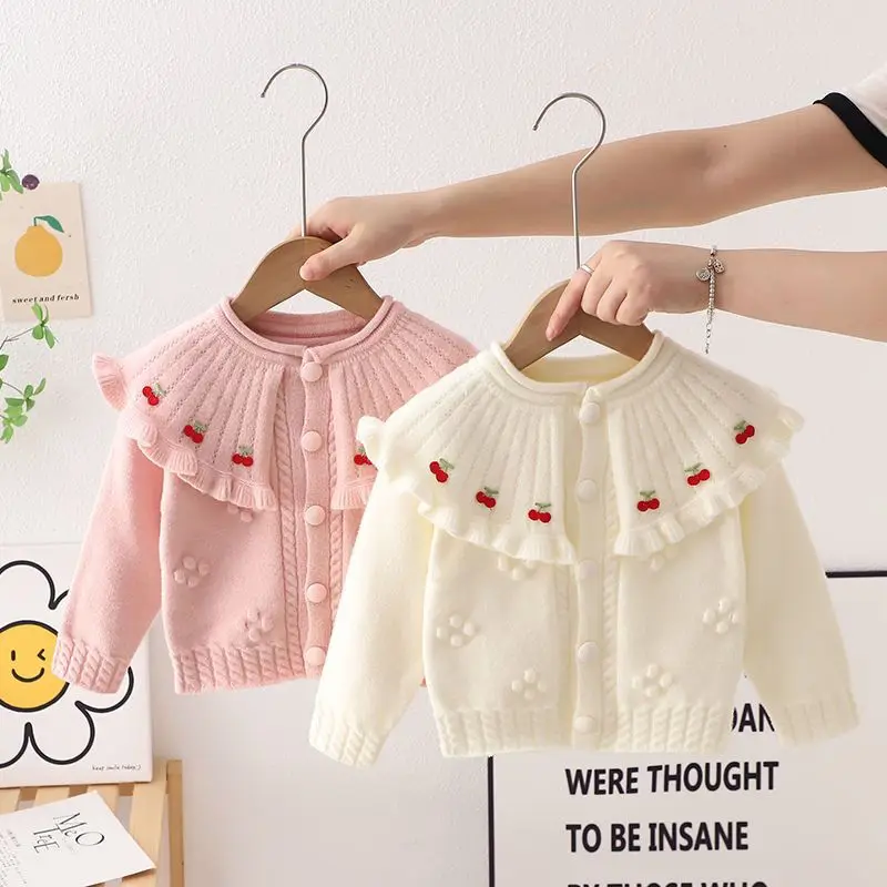 Kids Girls Sweaters Baby Girl Floral Pattern Knitted Cardigan Autumn Winter Hairball Cotton Tops Children\'s Coat Clothes
