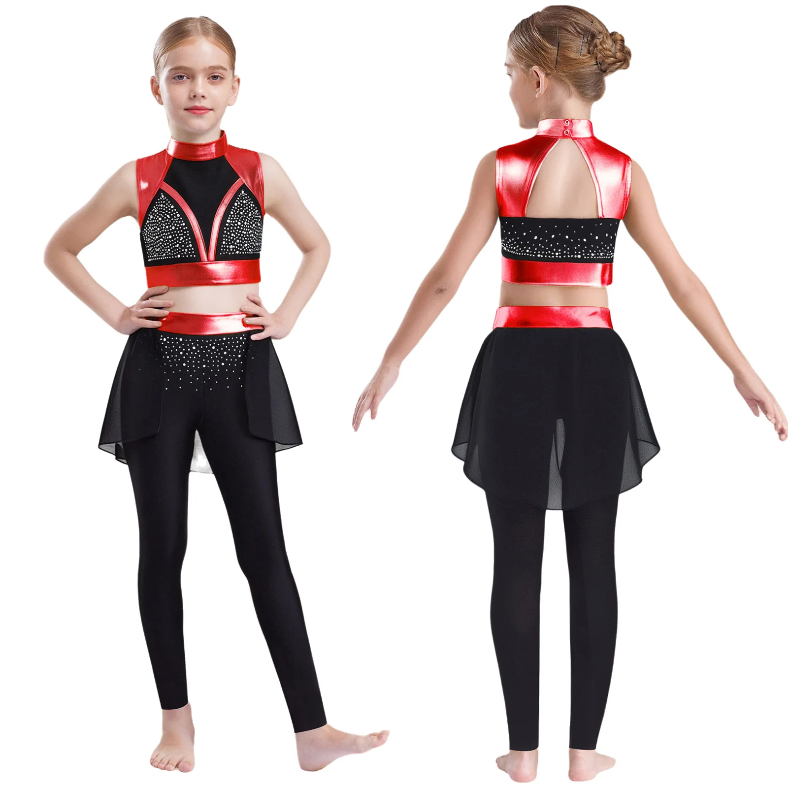 

Girls Gymnastics Ballet Dance Costume Shiny Rhinestones Metallic Crop Top with Pants for Figure Skating Cheerleading Performance