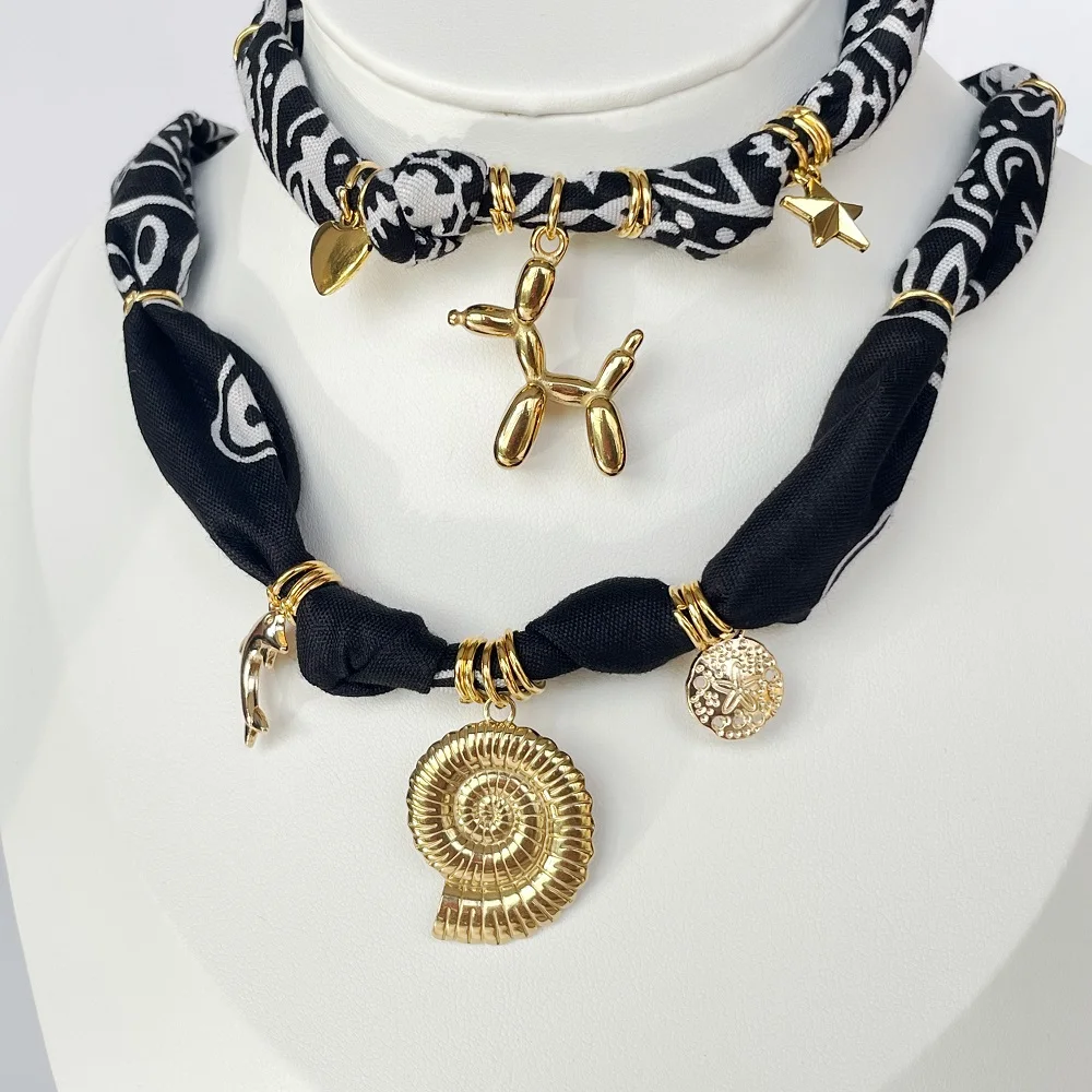 

Black Bandana Necklace with Charms – Balloon Dog, Star, Heart, Shell, Super Cute Stackable Chocker