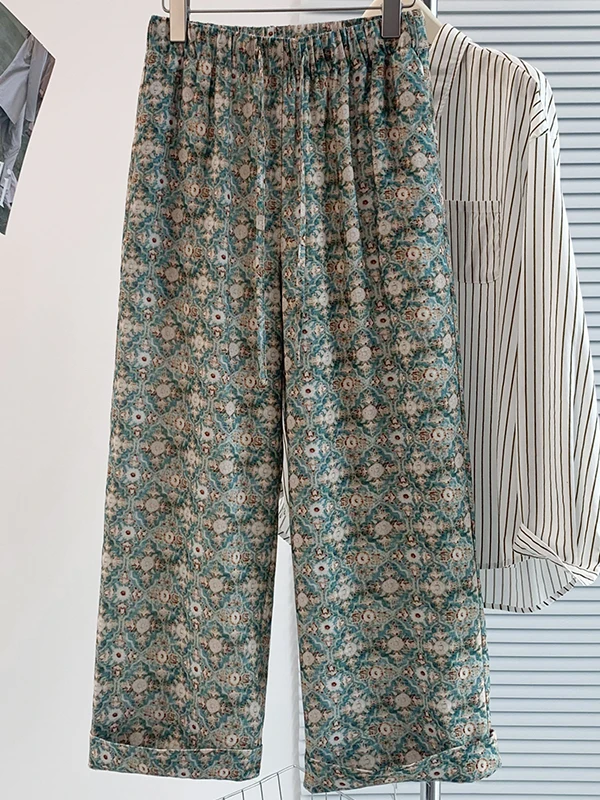 

New Chinese Style Floral Print Elastic Waist Straight Leg Nine Pants Women Summer Loose Casual Wide Leg Pants