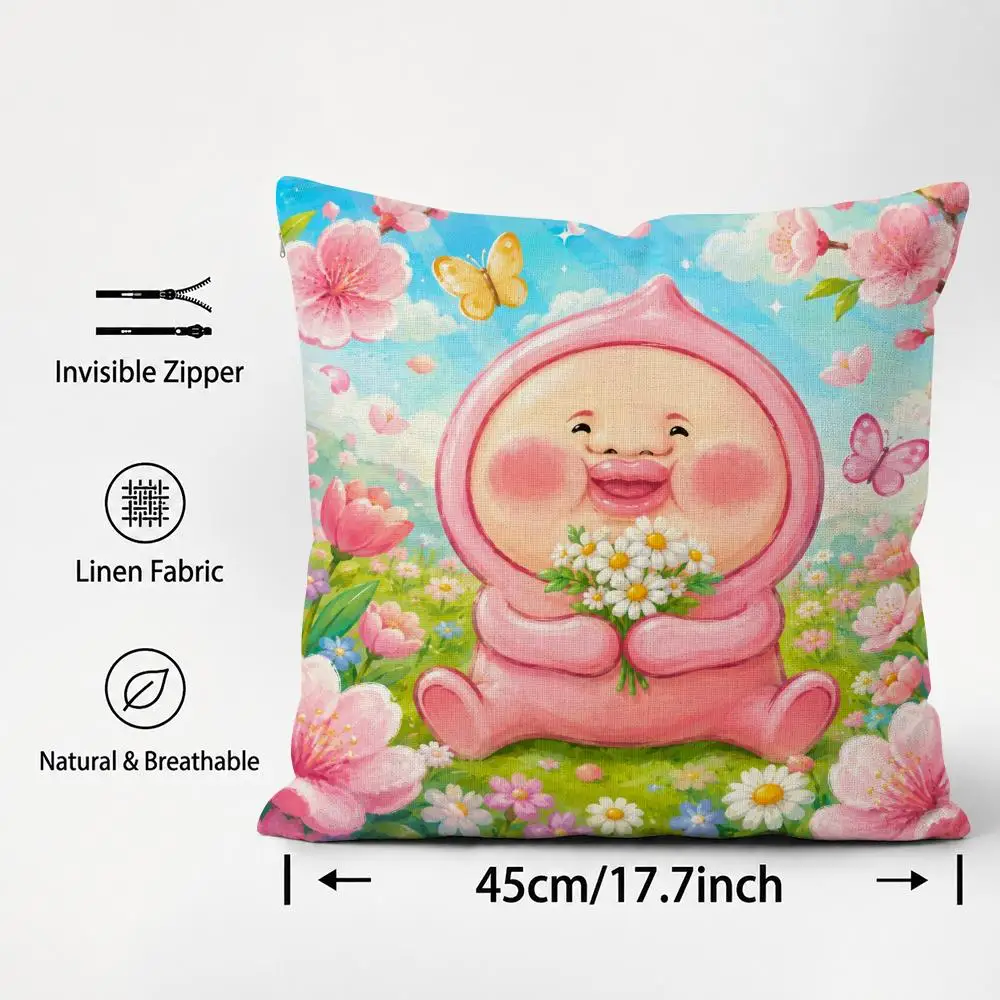 Character Kobito Zukan Peach Cushion Cover Cushion Covers Natural Linen Breathable Sofa Bedroom Decor Pillowcase