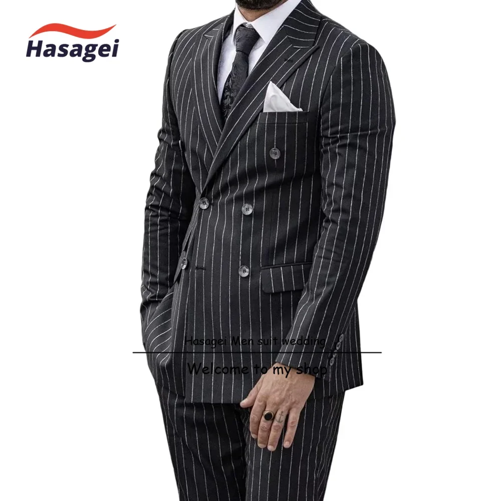 Mens Pinstripe Suit 2 Piece Double Breasted Tuxedo Slim Fit Formal Business Blazer Pants Set