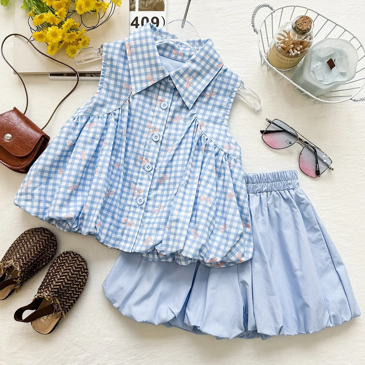 

New Baby Girls Summer Fashion Blue Plaids Sets, Blouse + Shorts Princess Cute Casual Suits 2-8 T