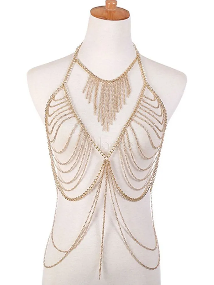 

New fashion metal fringed necklace multi-layer body chain, gold metallic color, hot-selling accessories in Europe and America