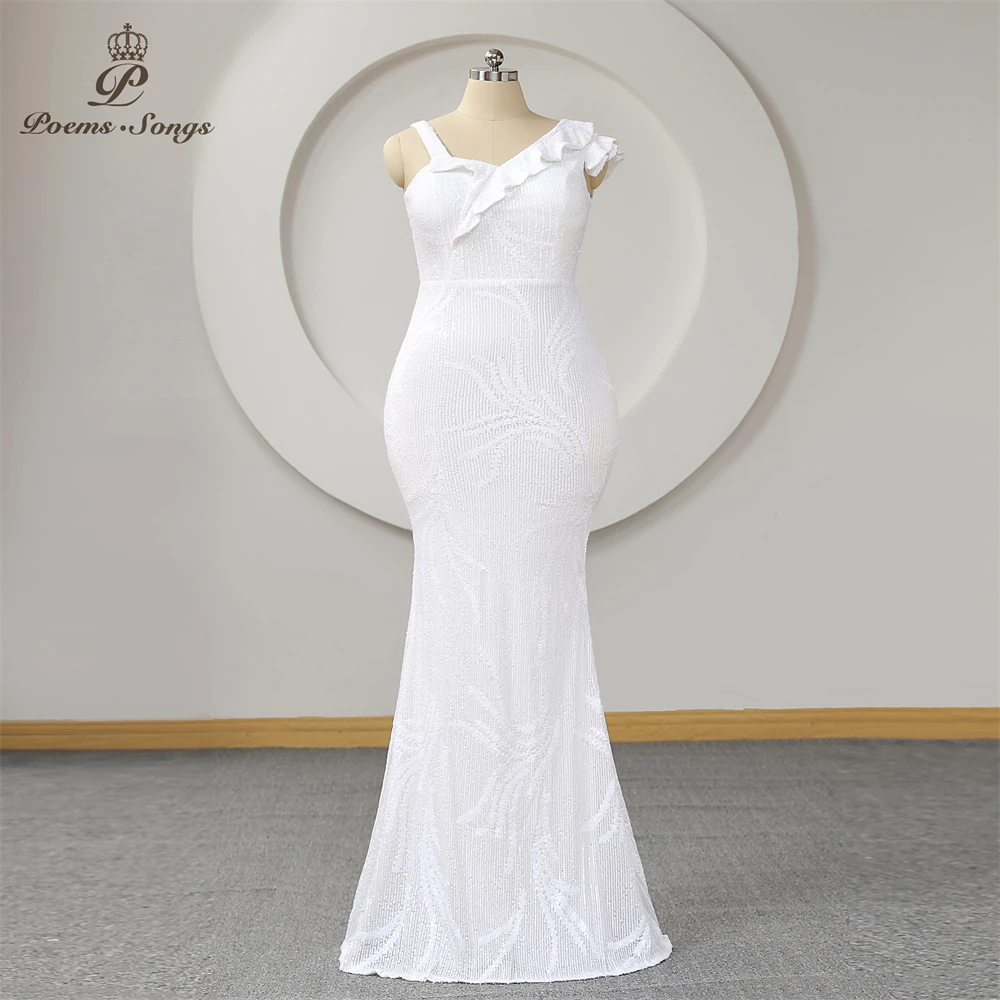 

White Sequins Mermaid Plus Size Evening Dress Ruffle Spaghetti One Shoulder Women Long Fishtail Prom Dresses Party Maxi dress