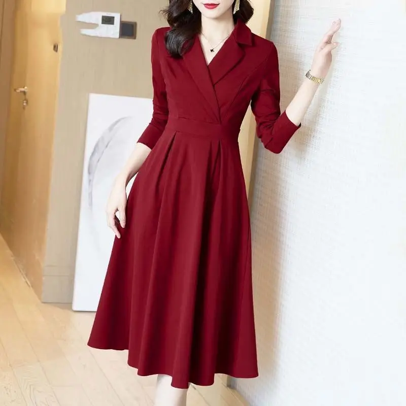 

Autumn Winter Suit Dresses Women Notched Solid Zipper Corset Vintage Temperamen Fashion Loog Sleeve Mid-length A-Line Dresses