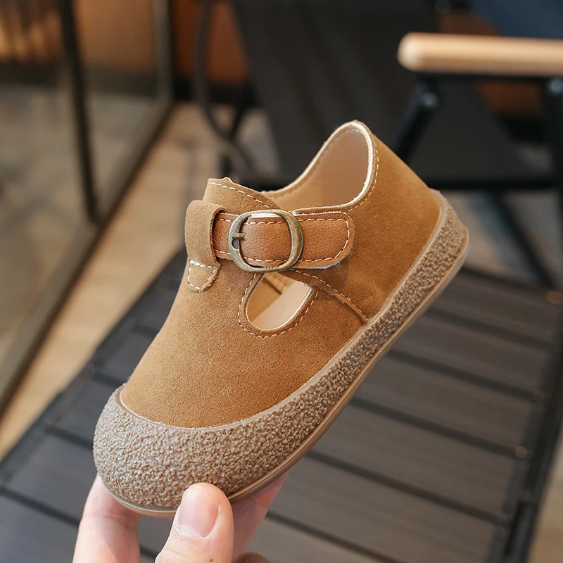 Autumn Children Leather Shoes T-strap Sewing Stylish Comfy Kids Flat Shoes Platform 21-30 Khaki Camel All-match Boys Girls Shoe