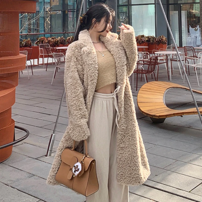 Winter Women Faux Fur Coat Oversized Long Shaggy Fuzzy Thicken Warm Parkas Sashes Lapel Stylish Luxury Korean Fashion Outwear