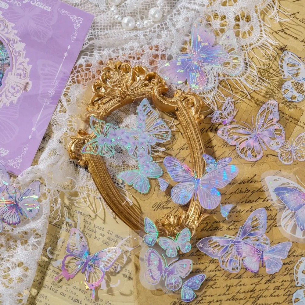 

Decorative Fantasy Butterfly Sticker Handmade Aesthetic Ice Crystal Collage Decals PET Bling Butterfly Aesthetic Decals
