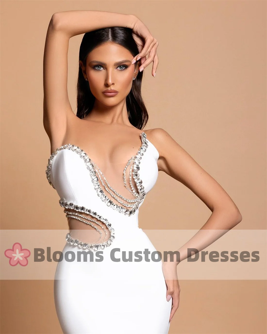 Blooms Pure White Cut-out Crystal Customized Evening Dresses Mermaid Sexy Formal Occasion Bridal Wedding Gown Custom Party Dress