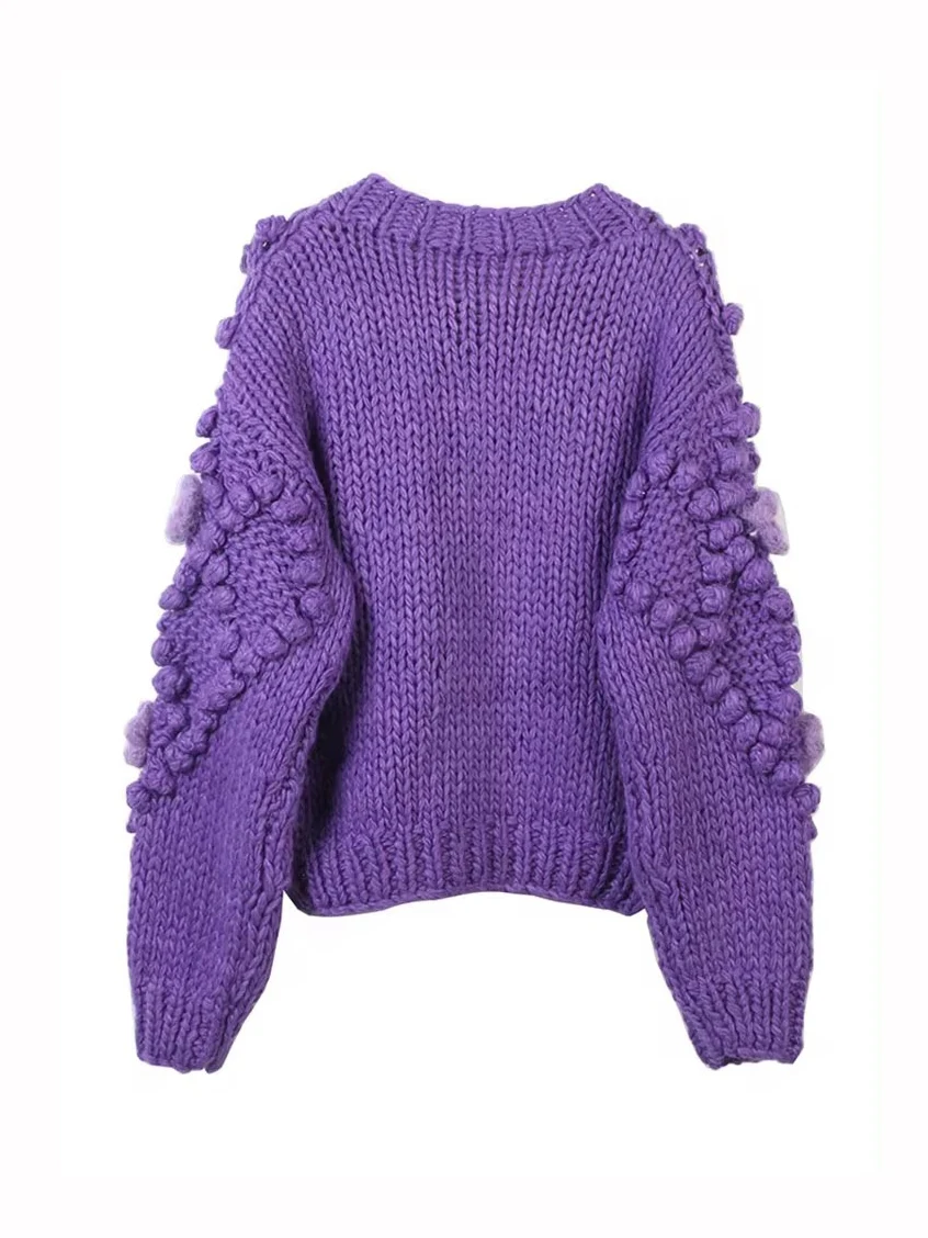 Sweater Women 2024 Autumn And Winter New Retro Handmade Sweaters O Neck Fashion Long-sleeve Purple Knitted Cardigan Coat  C-273