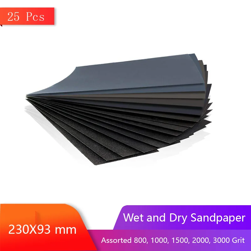 

230X93mm Wet and Dry Sandpaper 25 Pcs Assorted 800 1000 1500 2000 3000 Grit for Automotive Color Sanding Polishing Woodworking