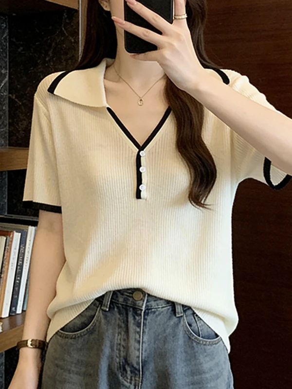 

Summer New Style Ice Silk Knitted Top Women's Casual Short Sleeve Color Block Large Size Breathable Comfortable Korean Style
