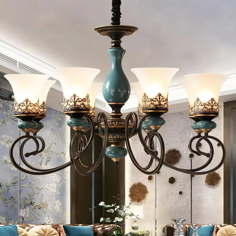 Ceramic Chandelier Dining Room Bedroom Study European Luxury Atmosphere American Retro Living Room LED Detachable Light Source