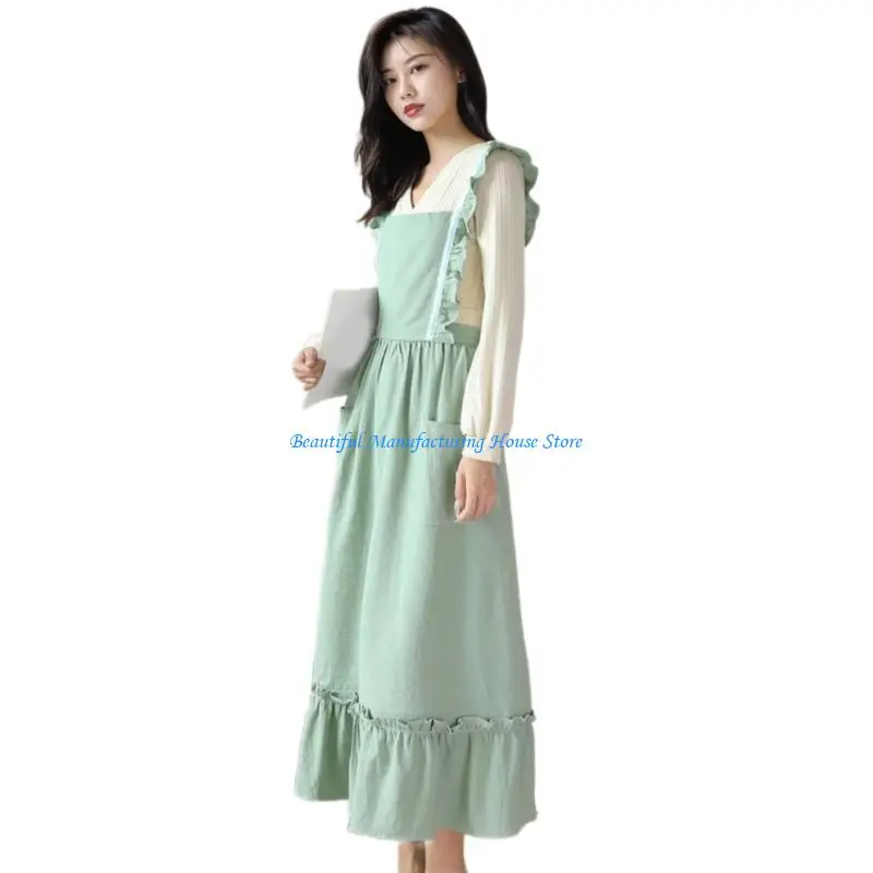 

E56A Women's Vintage Washed Cotton Pleated Ruffled Long Apron for Cooking and Gardening Baking Maid Pinafore with Pockets