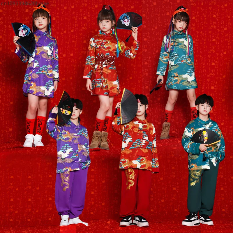 

Red Chinese Style Printed Clothes Ancient Tang Costume Girl Hanfu Cheongsam for Children Boy Chinese Traditional Clothing