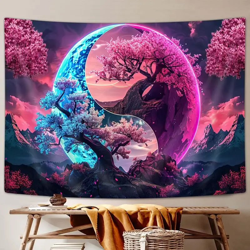 VIKAMA Neon Yin Yang Tapestry Wall Hanging Pink Purple Cherry Blossom Moon Mountain Psychedelic Aesthetic Wall Art Dorm Decor