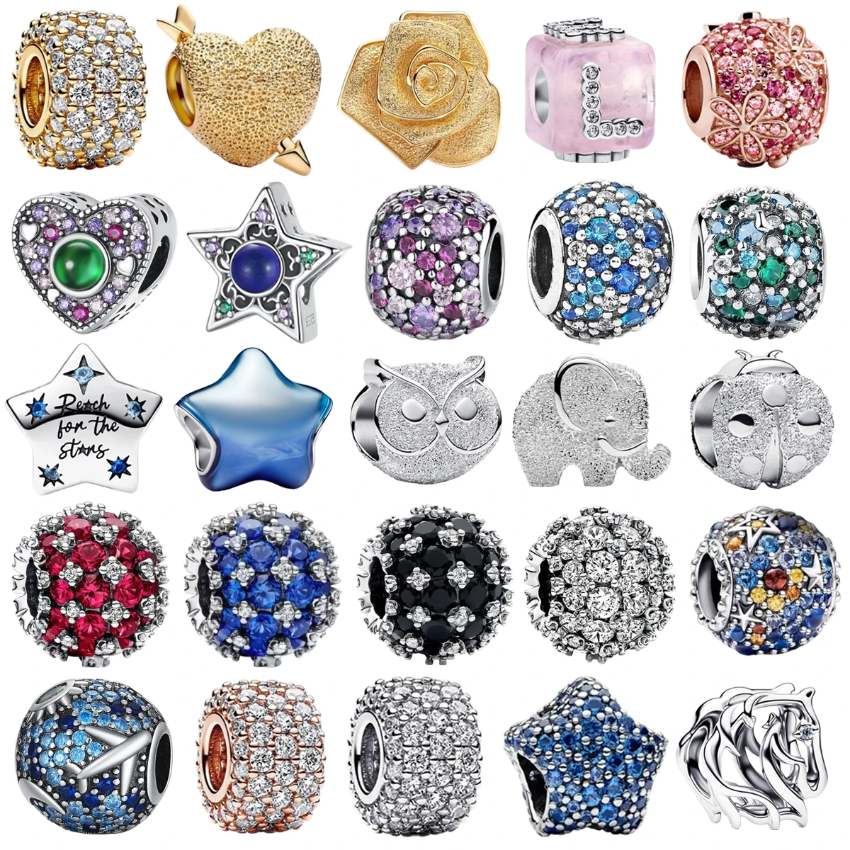 Original 925 Sterling Silver Sparkling Heart Full Diamond Round Rose Charms Beads for Necklace DIY Bracelet Present Jewellery