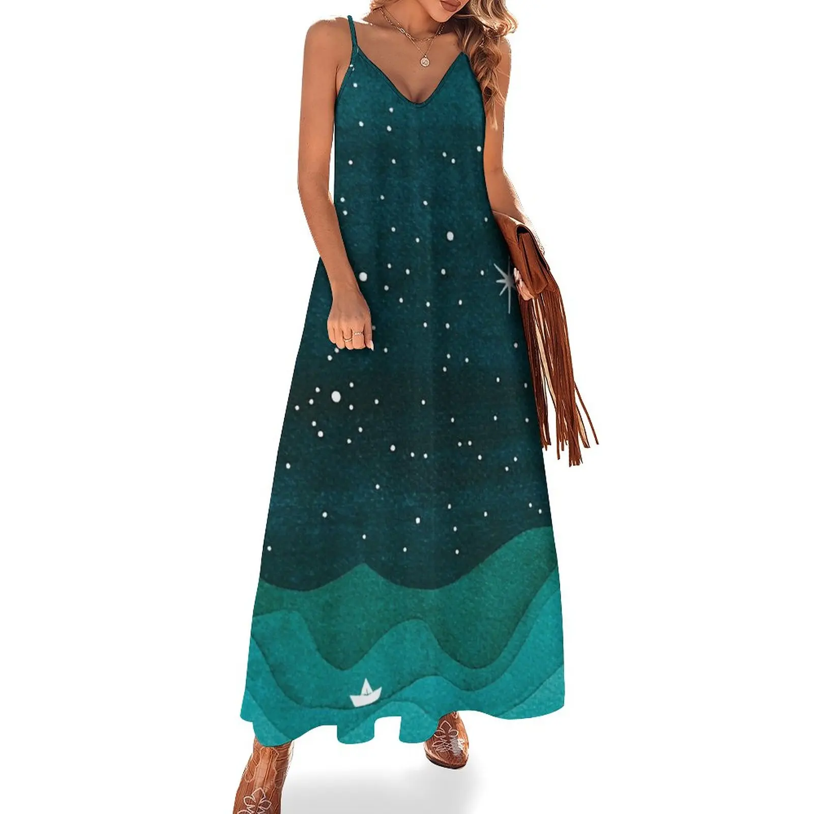 

Starry Ocean, teal sailboat watercolor sea waves night Sleeveless Dress dresses for official occasions summer dress korean women