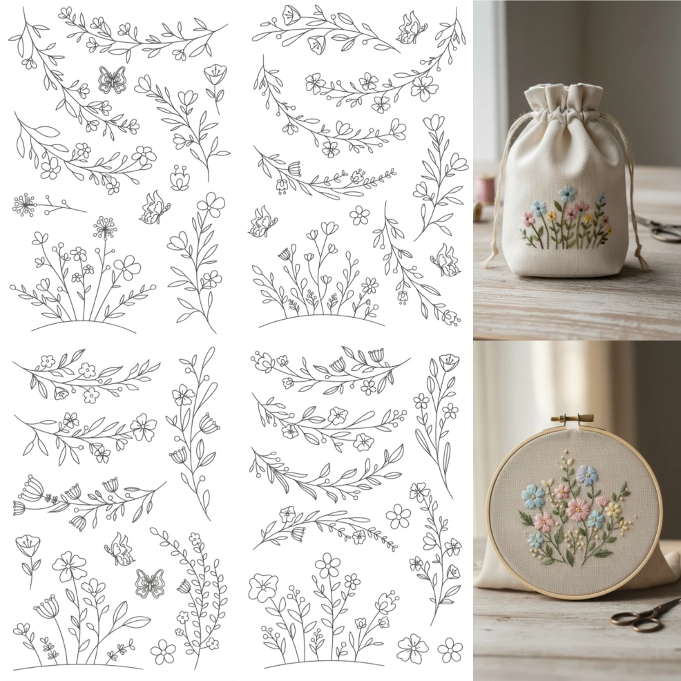 4 Sheets A4 Water Soluble Embroidery Paper Self-Adhesive Non-Woven Floral Pattern Dissolvable Backing for DIY Hand Sewing