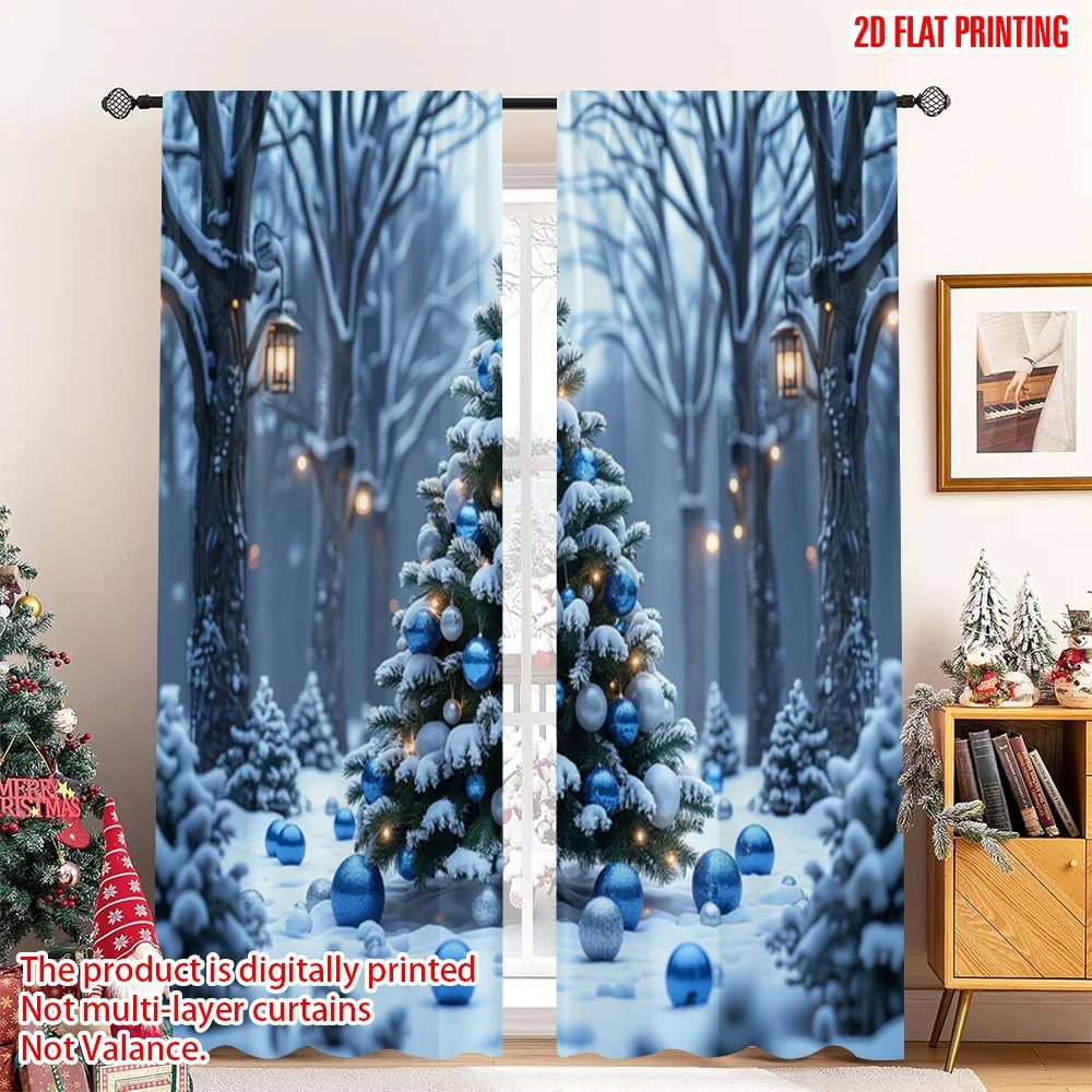 

2pcs 2D flat printing Christmas Curtains Blue Christmas Tree Ornaments Lanterns Fabric Without Electricity Spring Use for Room