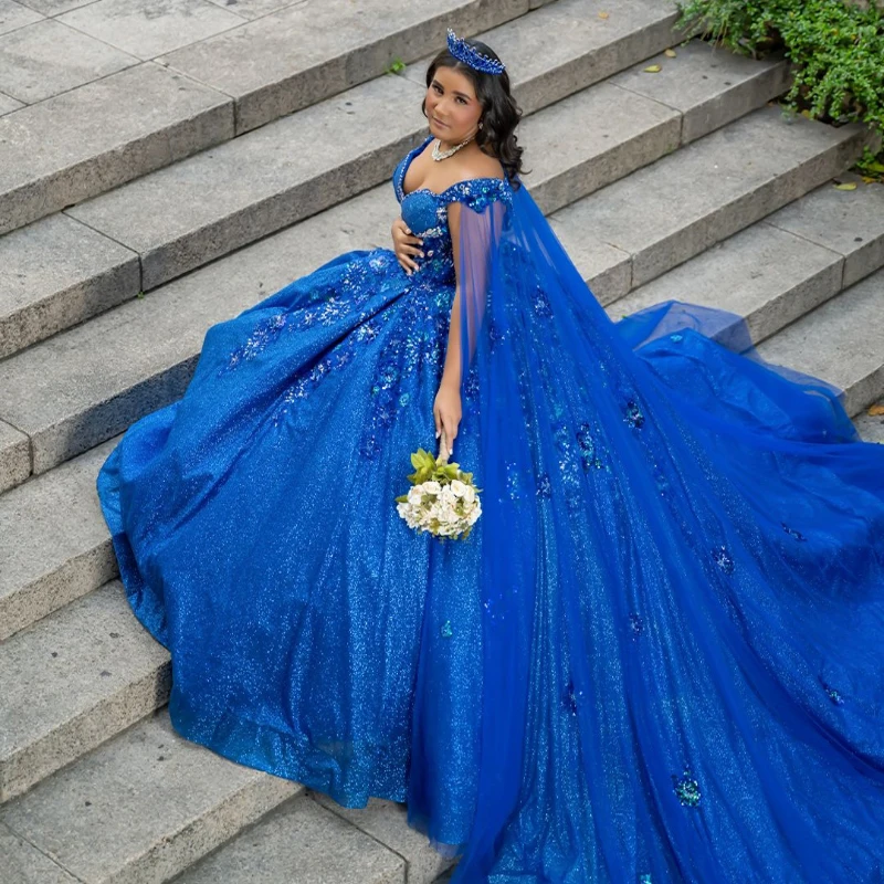 

Мексиканское Королевский синий 2024 платья для Quinceanera аппликация с блестками кружевные бусины Tull Sweet 16 бальное платье с накидкой корсет Vestidos De 15