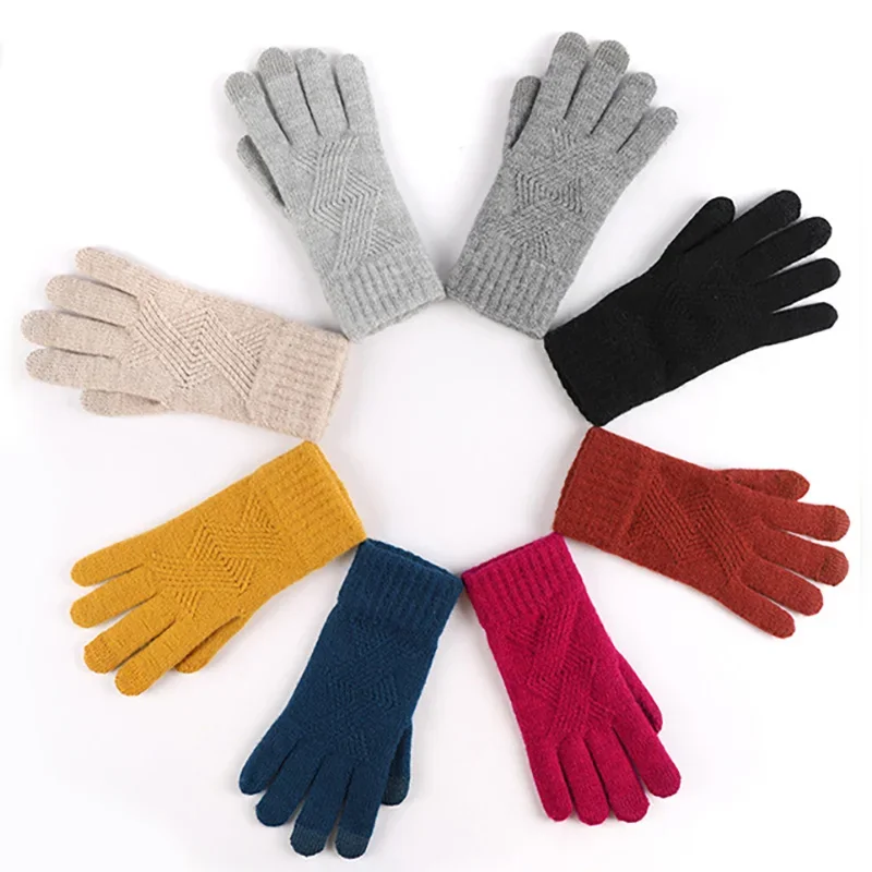 Women Winter Thickening Cold-proof Outdoor Cycling Warm Touch Screen Knitted Woolen Gloves Fashion Solid Color Student