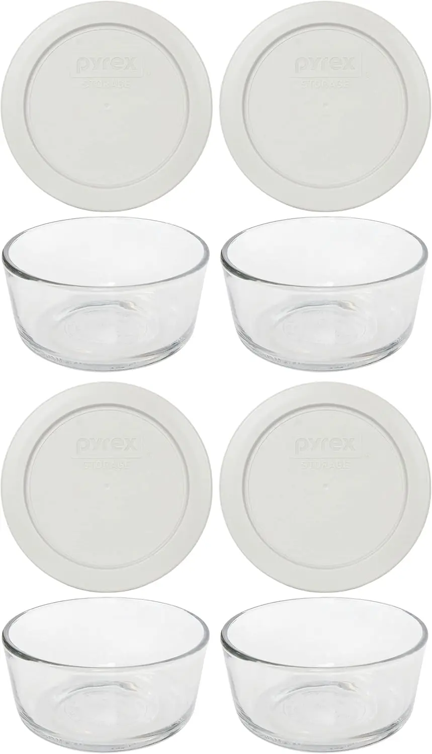 

(4 7200 2 Cup Glass Bowls & (4) 7200-PC Sleek Silver Food Storage Replacement Lids - Ma in USA