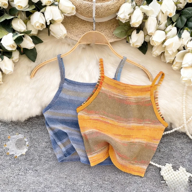 Orange Brown Stripe Crop Tank Women's Spaghetti Strap Sleeveless Stretchy Ribbed Knit Casual Boho Summer Cami Top Vest Outfits